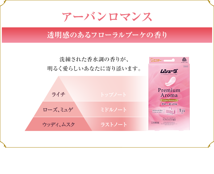 アーバンロマンス 透明感のあるフローラルブーケの香り 洗練された香水調の香りが、明るく愛らしいあなたに寄り添います。